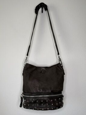 A.S.98 Studded Leather Bucket Bag Gray Brown Distressed Zipper Compartment